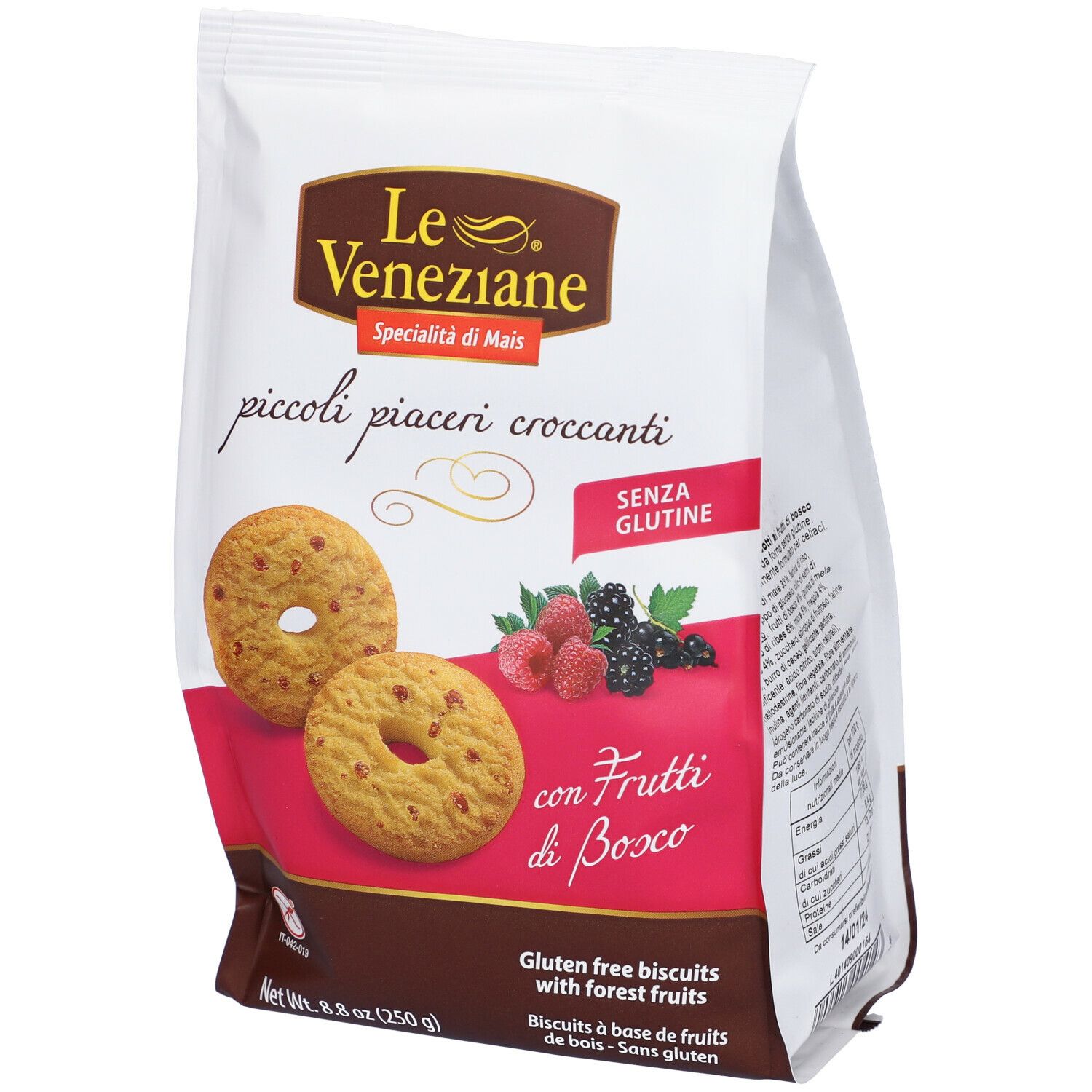 Confezione Le Veneziane Biscotti. Retro con testo e ingredienti. 250g. Senza glutine. Logo Molinodiferro.