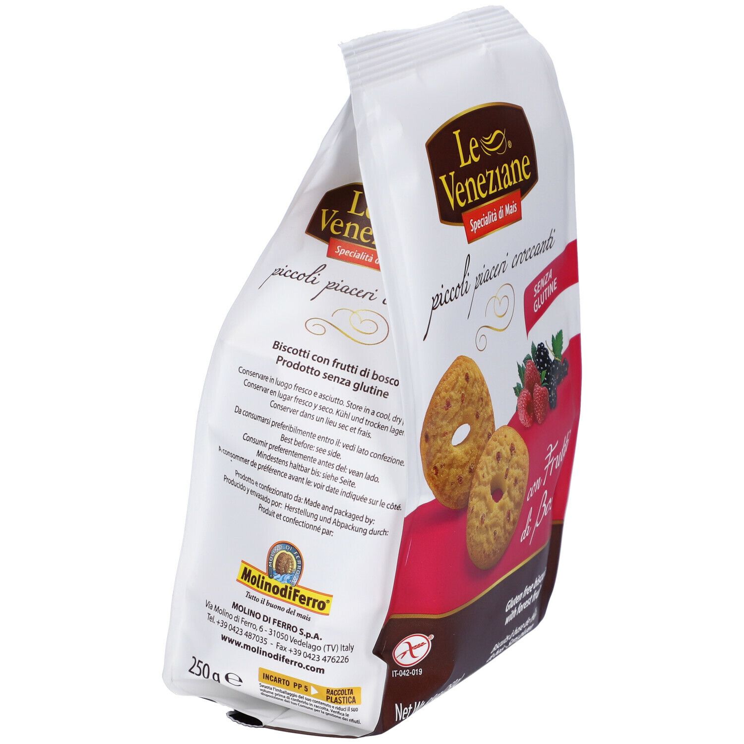 Confezione Le Veneziane Biscotti. Retro con testo e ingredienti. 250g. Senza glutine. Logo Molinodiferro.