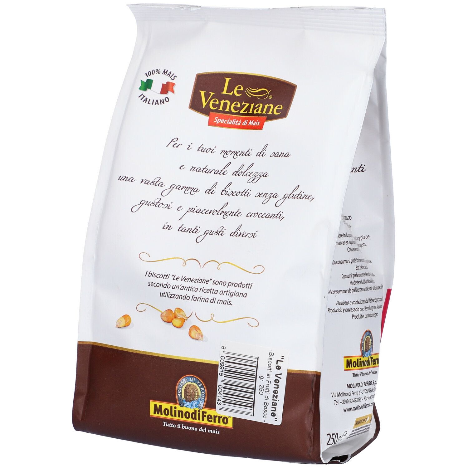 Confezione Le Veneziane Biscotti. Retro con testo e ingredienti. 250g. Senza glutine. Logo Molinodiferro.