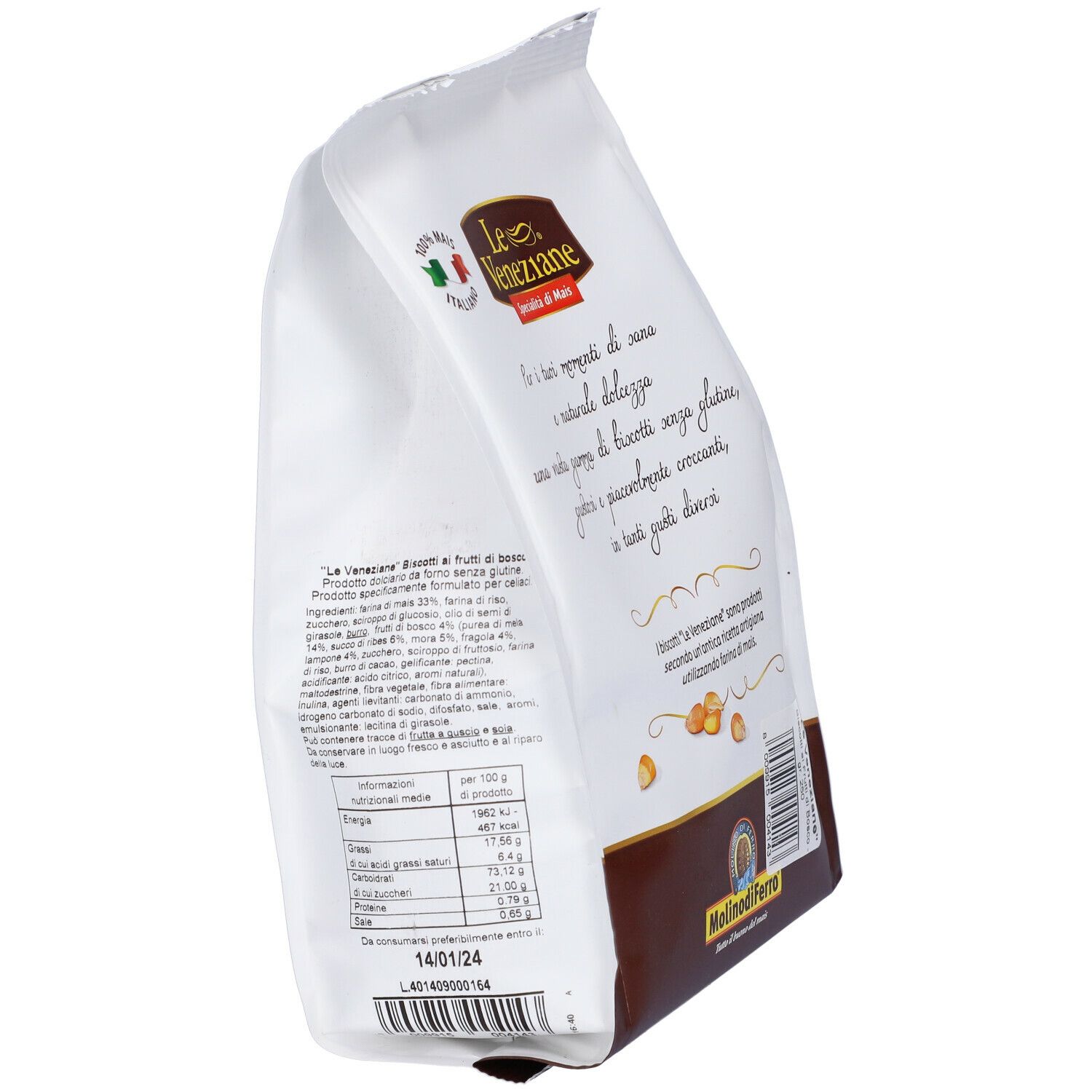 Confezione Le Veneziane Biscotti. Retro con testo e ingredienti. 250g. Senza glutine. Logo Molinodiferro.