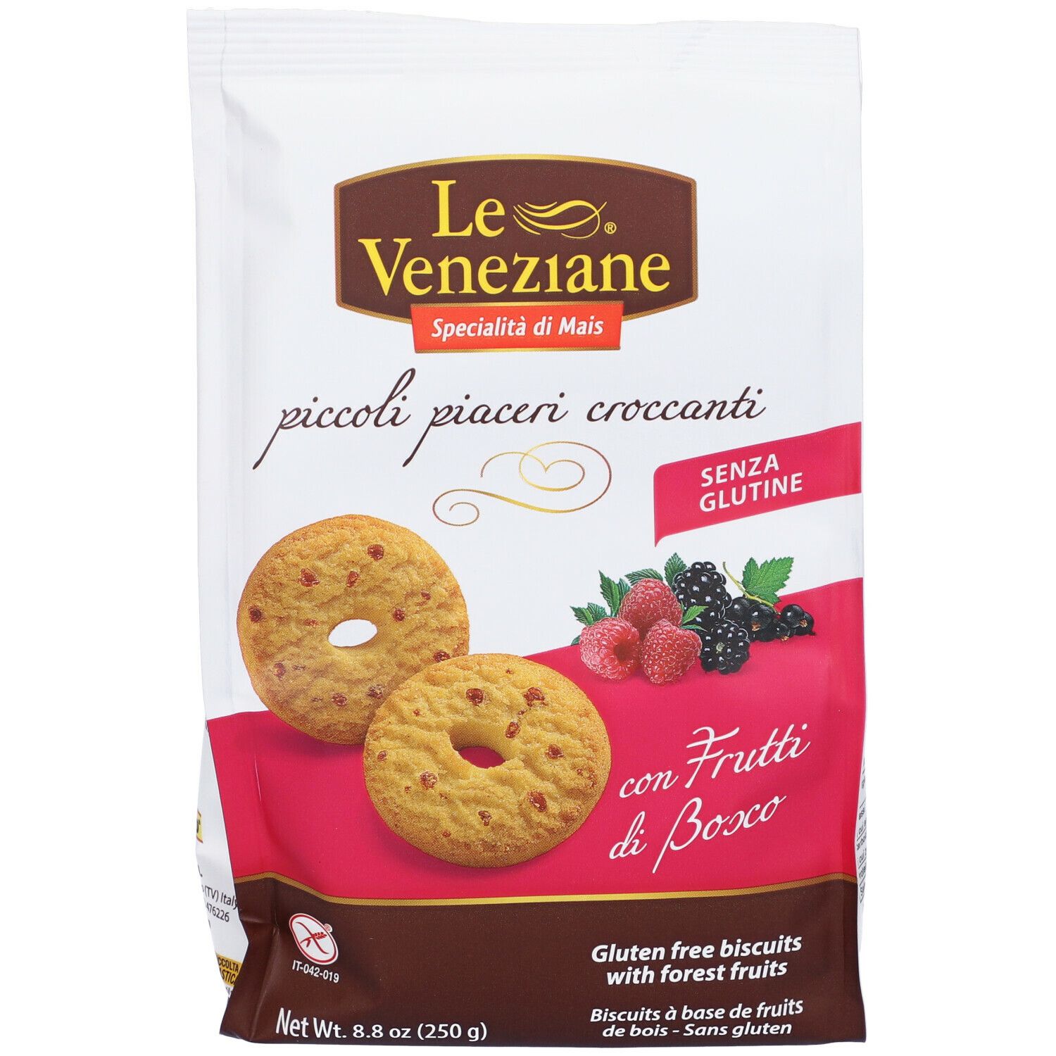 Confezione Le Veneziane Biscotti. Fronte con biscotti e frutta. Senza glutine. 250g. Scritta: piccoli piaceri croccanti.