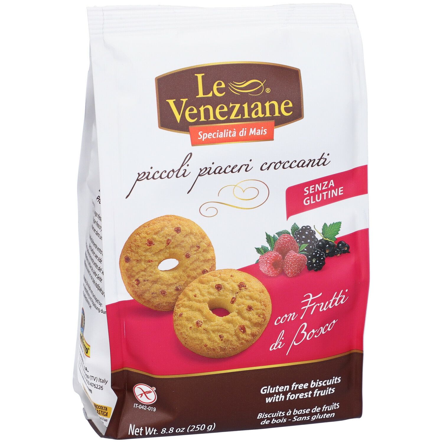 Confezione Le Veneziane Biscotti. Fronte con biscotti e frutta. Senza glutine. 250g. Scritta: piccoli piaceri croccanti.
