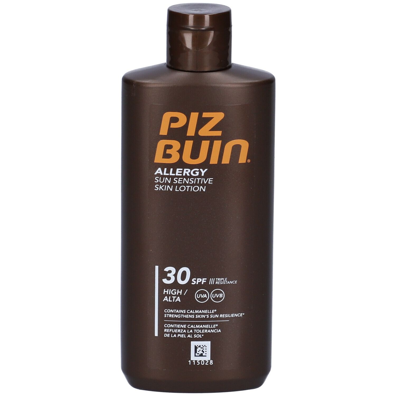 Flacone marrone Piz Buin Allergy Sun Sensitive Skin Lotion SPF 30. Scritta arancione. Flacone in piedi.