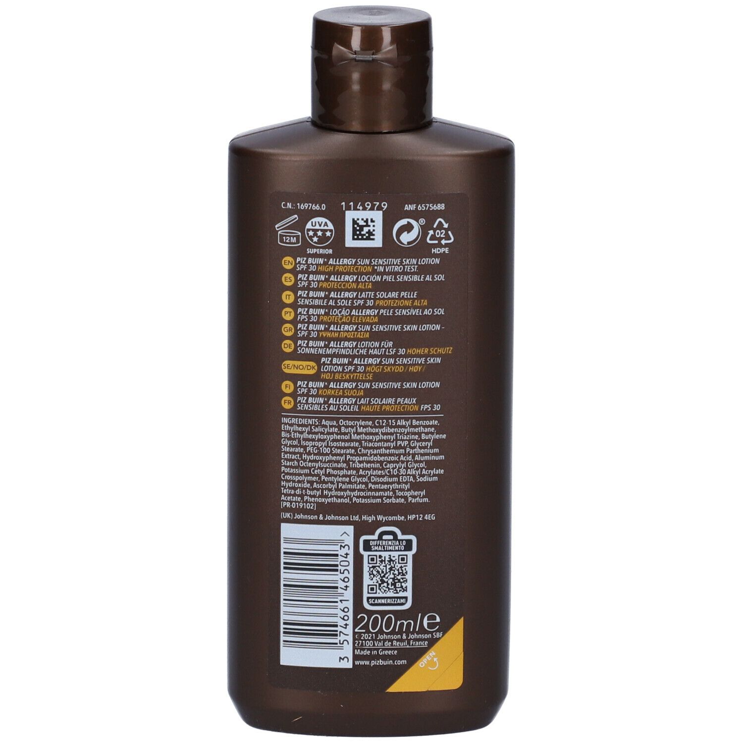 Retro del flacone marrone Piz Buin Allergy Sun Sensitive Skin Lotion SPF 30. Testo e codice QR.