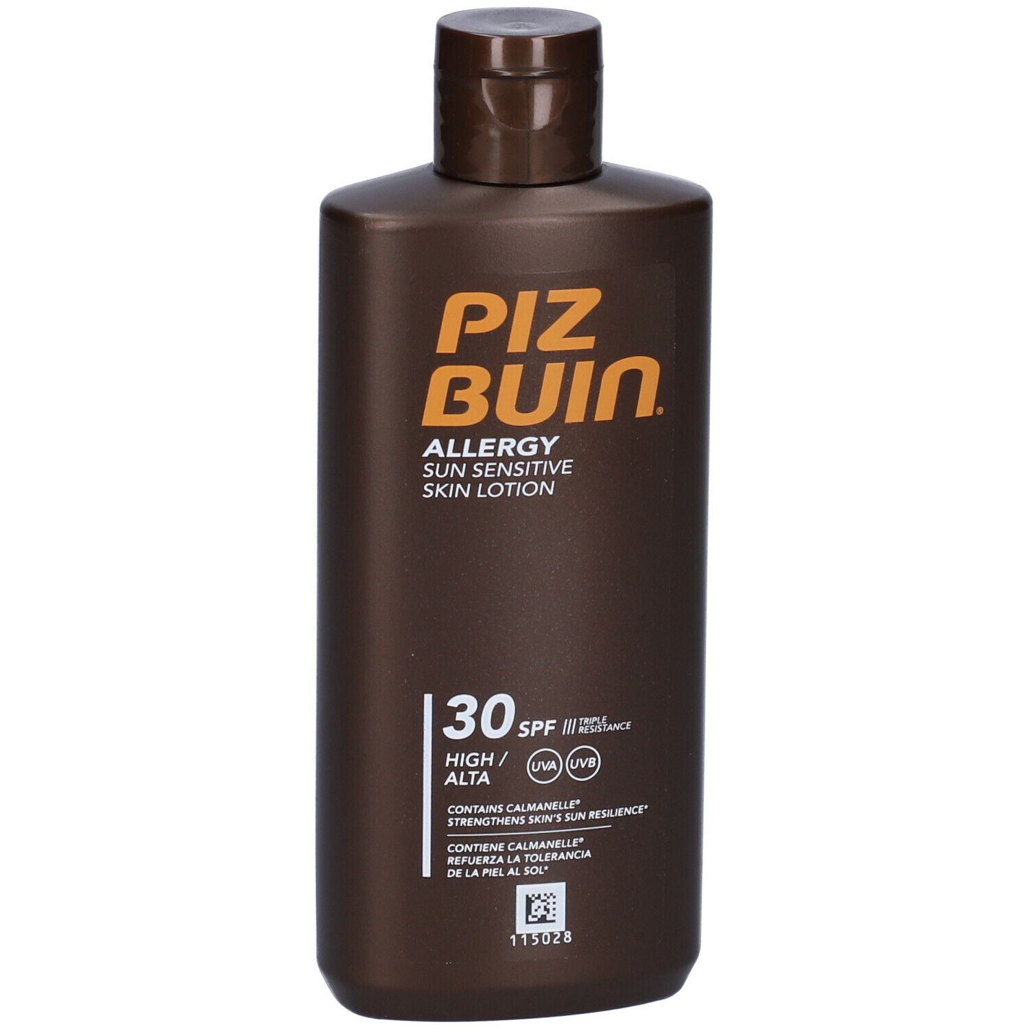 Flacone marrone Piz Buin Allergy Sun Sensitive Skin Lotion SPF 30. Scritta arancione. Flacone in piedi.
