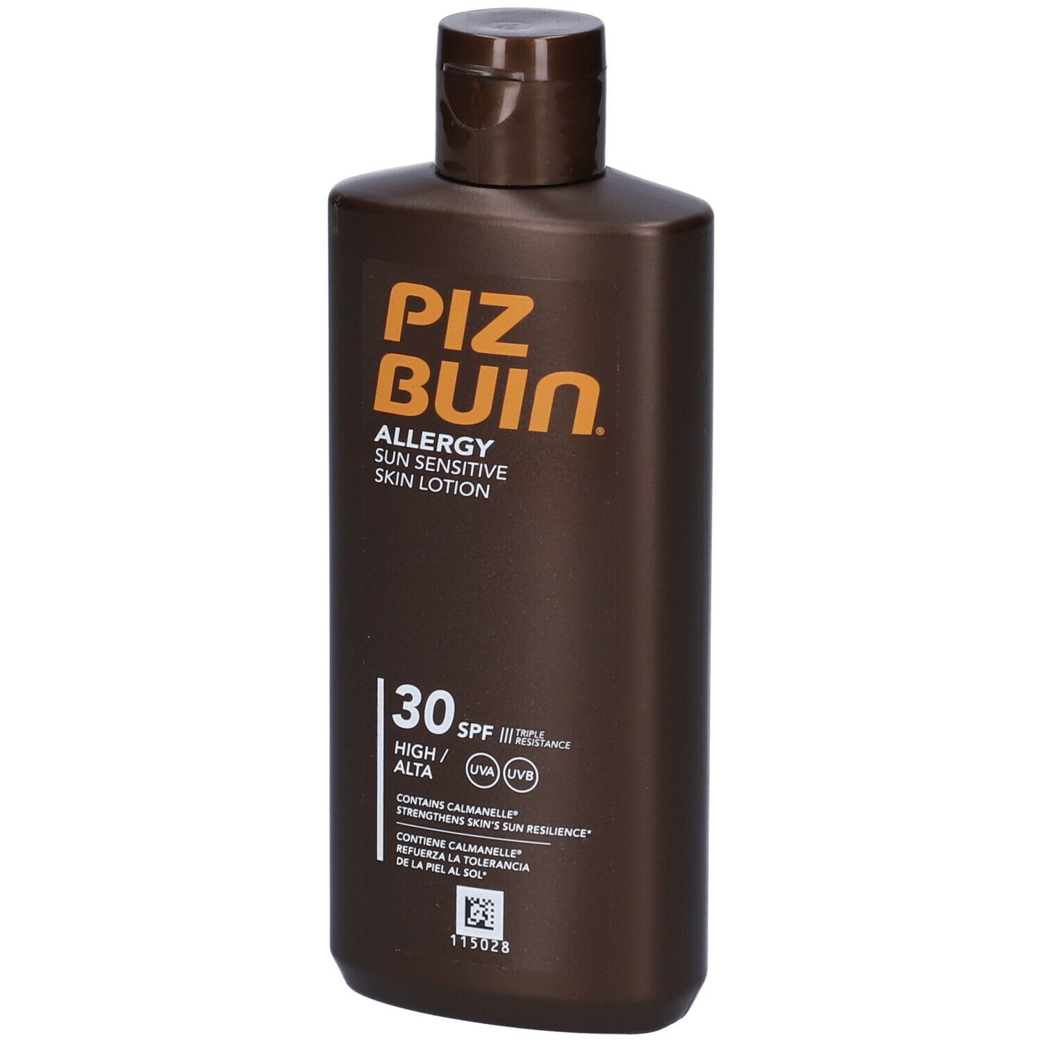 Flacone marrone Piz Buin Allergy Sun Sensitive Skin Lotion SPF 30. Scritta arancione. Flacone in piedi.