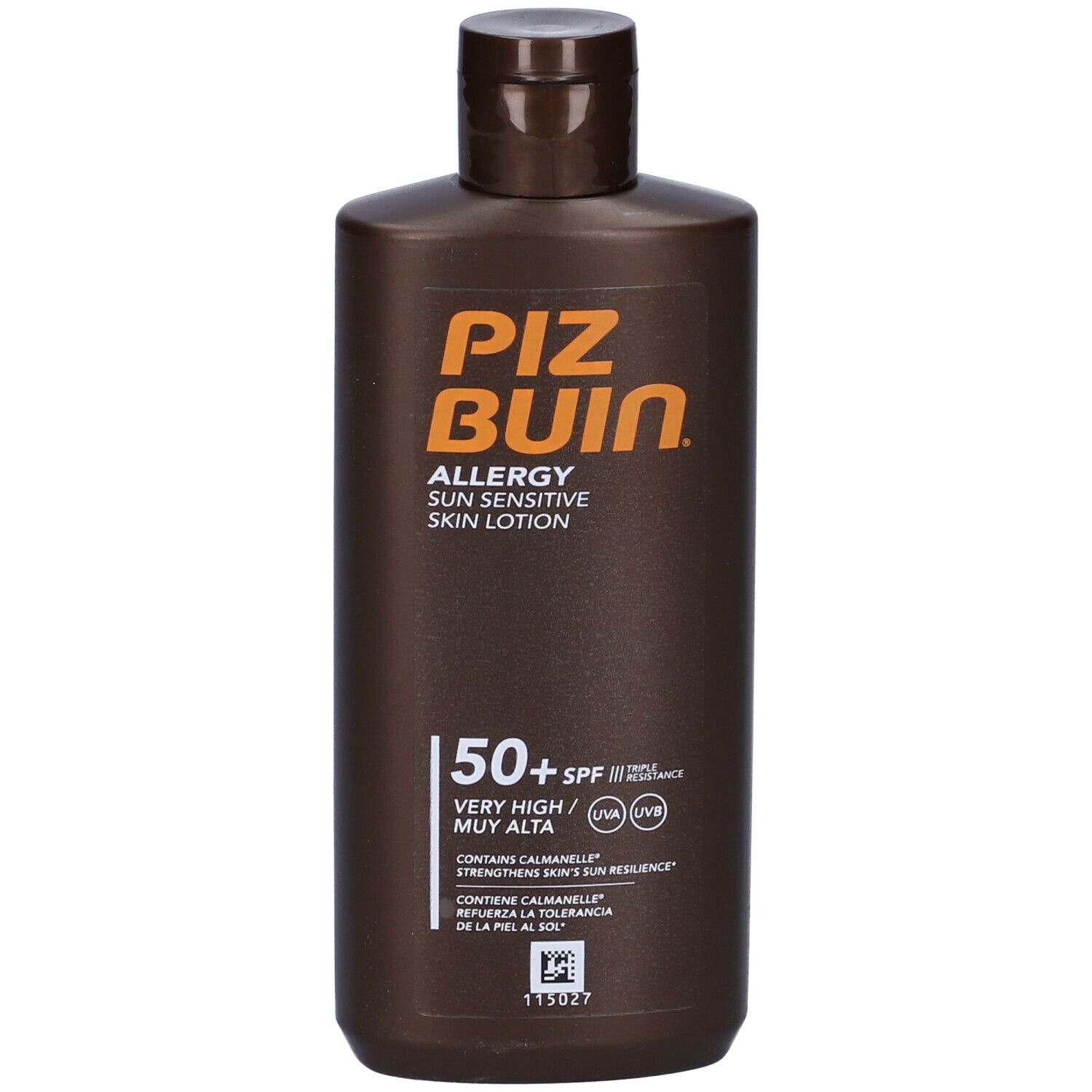 Flacone marrone con testo arancione: Piz Buin Allergy Sun Sensitive Skin Lotion SPF 50+. Tappo a ribalta.