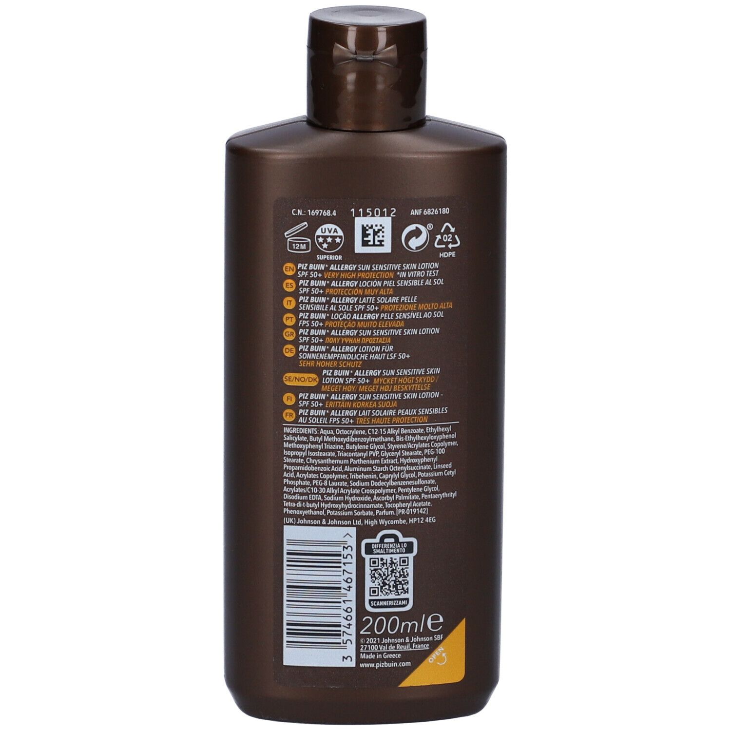 Flacone marrone, retro. Testo e codice QR. 200 ml.