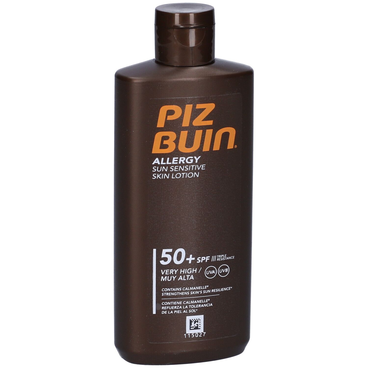 Flacone marrone con testo arancione: Piz Buin Allergy Sun Sensitive Skin Lotion SPF 50+. Tappo a ribalta.