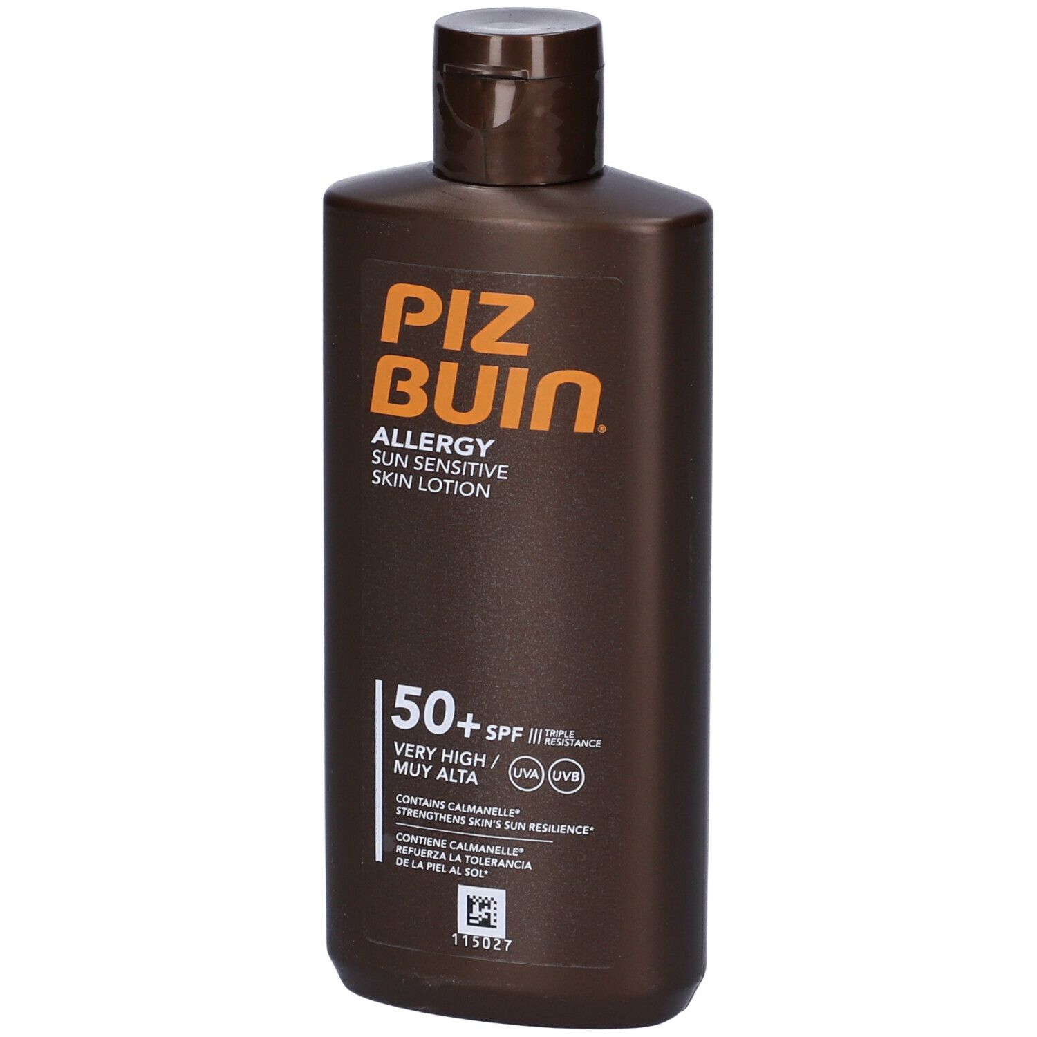 Flacone marrone con testo arancione: Piz Buin Allergy Sun Sensitive Skin Lotion SPF 50+. Tappo a ribalta.