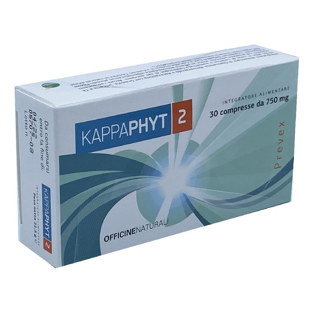 Scatola KAPPAPHYT 2, 30 compresse da 750 mg. Scritta: Integratore Alimentare. Produttore: Officine Naturali. Data di scadenza.
