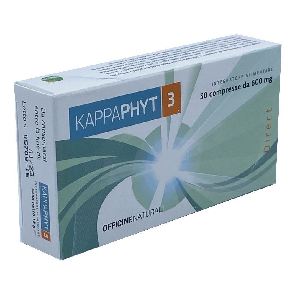 Scatola di Kappaphyt 3, 30 compresse da 600 mg. Confezione bianca con logo blu e arancione. "Officine Naturali" sotto.