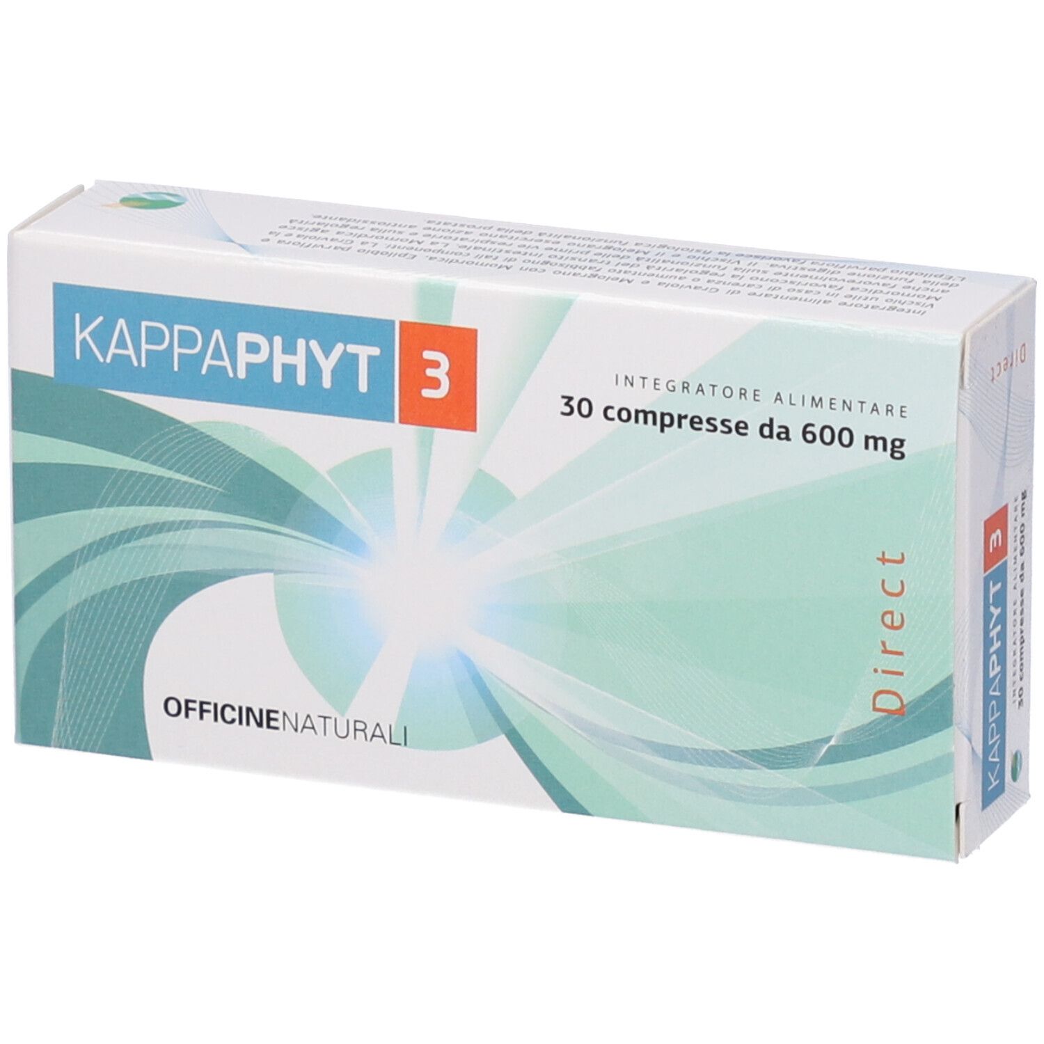 Scatola di Kappaphyt 3, 30 compresse. Confezione bianca con logo blu e arancione. "Officine Naturali" e onde blu.