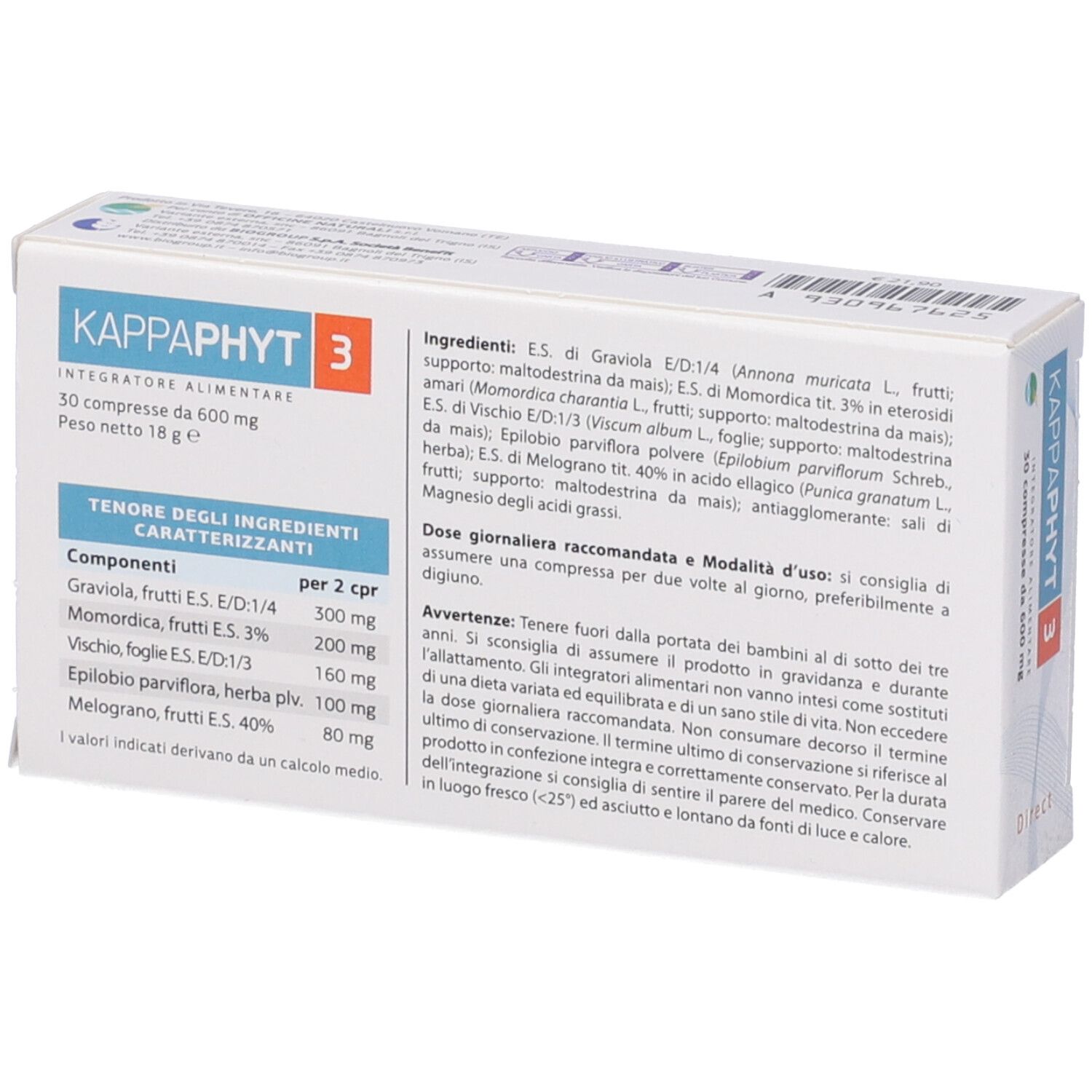 Scatola di Kappaphyt 3, 30 compresse. Confezione bianca con informazioni. "Officine Naturali" e ingredienti.