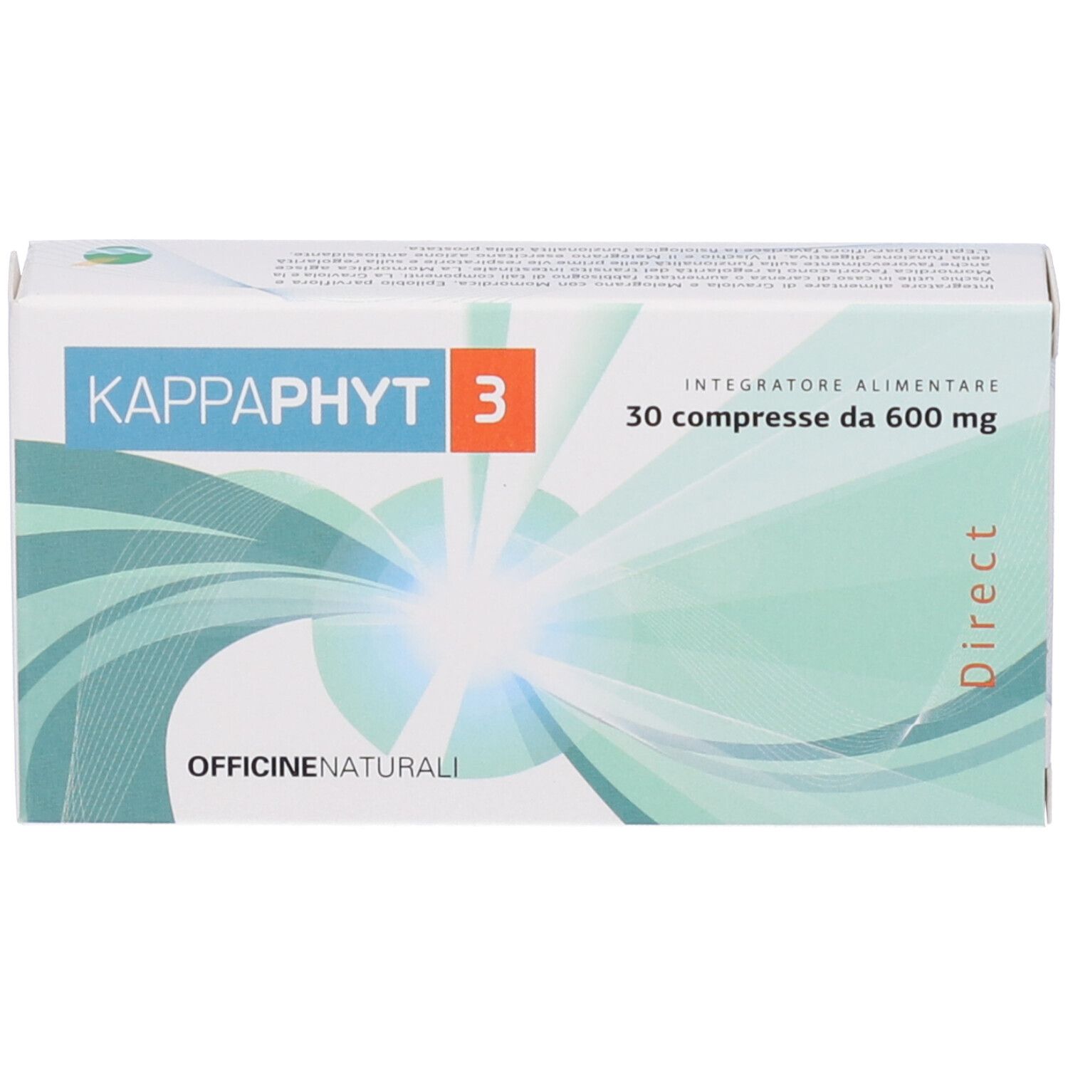 Scatola di Kappaphyt 3, 30 compresse. Confezione bianca con logo blu e arancione. "Officine Naturali" e onde blu.
