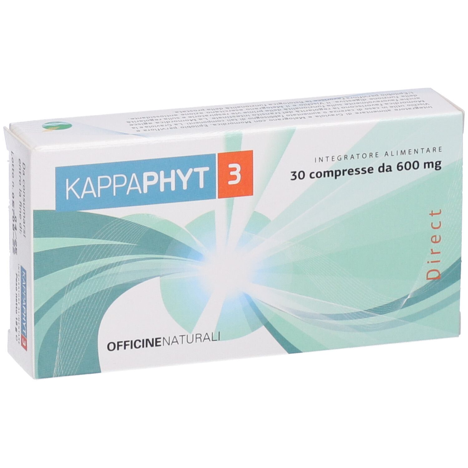 Scatola di Kappaphyt 3, 30 compresse da 600 mg. Confezione bianca con logo blu e arancione. "Officine Naturali" sotto.