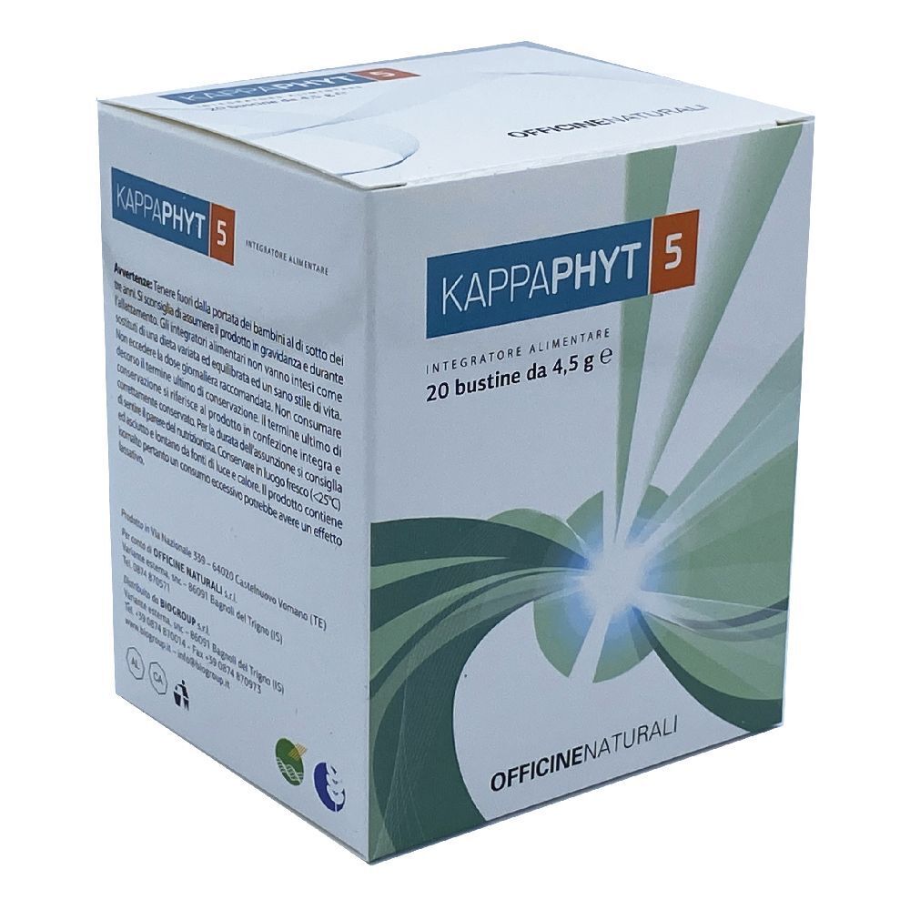 Scatola del prodotto con testo. Scritto: KAPPAPHYT 5, 20 bustine da 4,5 g. Marchio e logo su sfondo bianco.