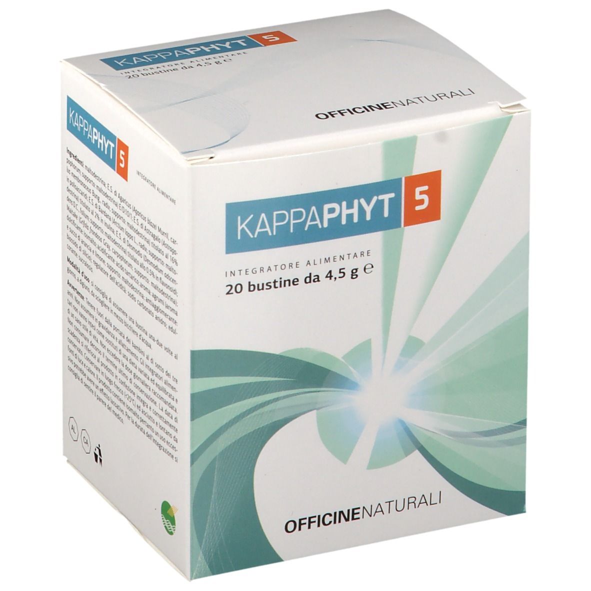 Confezione del prodotto con testo. Scritto: KAPPAPHYT 5, 20 bustine da 4,5 g. Marchio e logo su sfondo bianco.