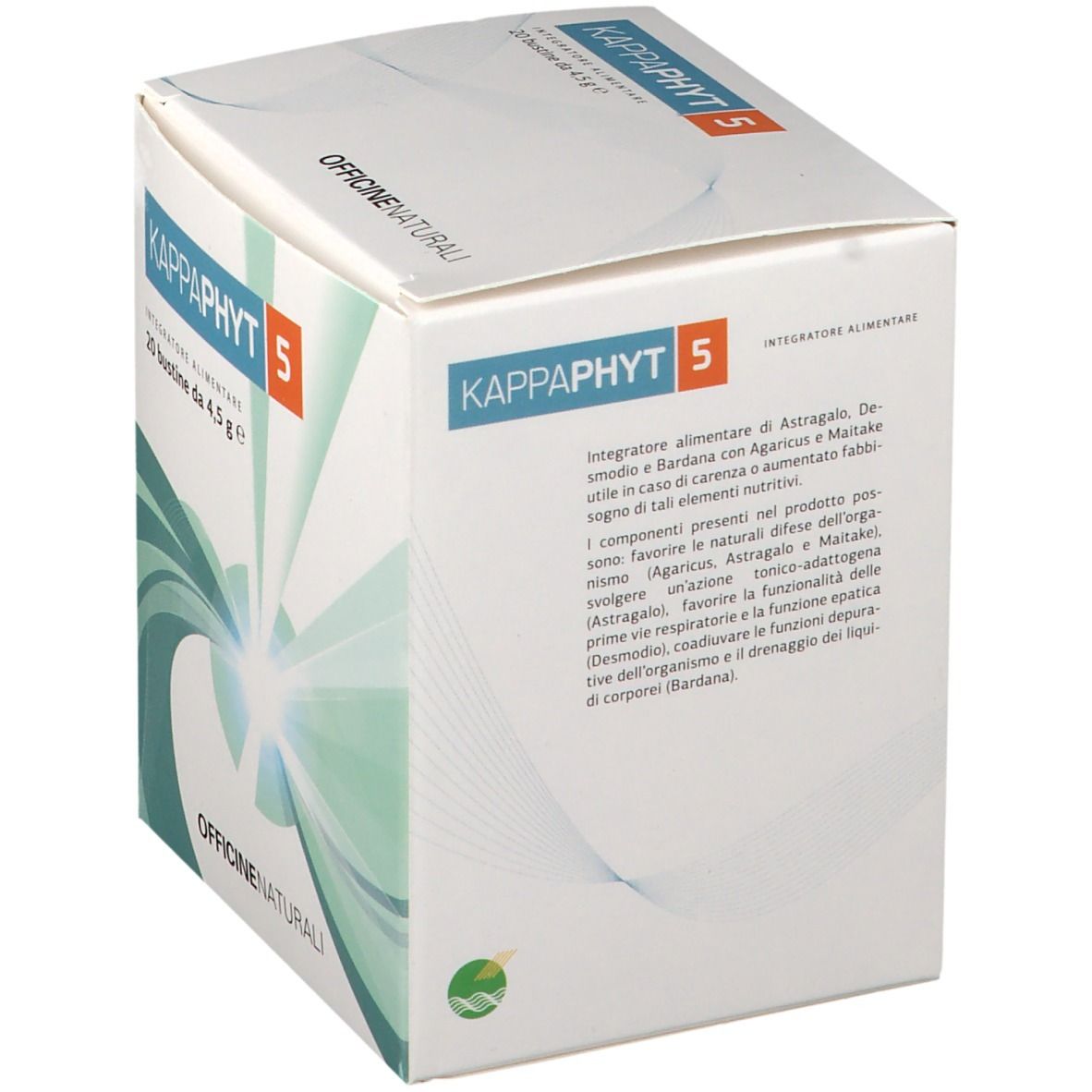 Confezione del prodotto con testo. Scritto: KAPPAPHYT 5, 20 bustine da 4,5 g. Marchio e logo su sfondo bianco.