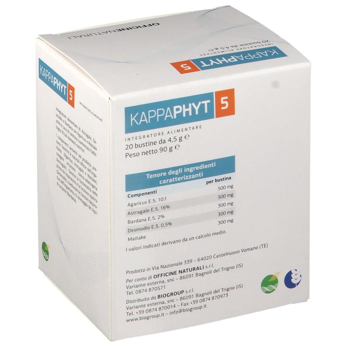 Confezione del prodotto con testo. Scritto: KAPPAPHYT 5, 20 bustine da 4,5 g. Marchio e logo su sfondo bianco.