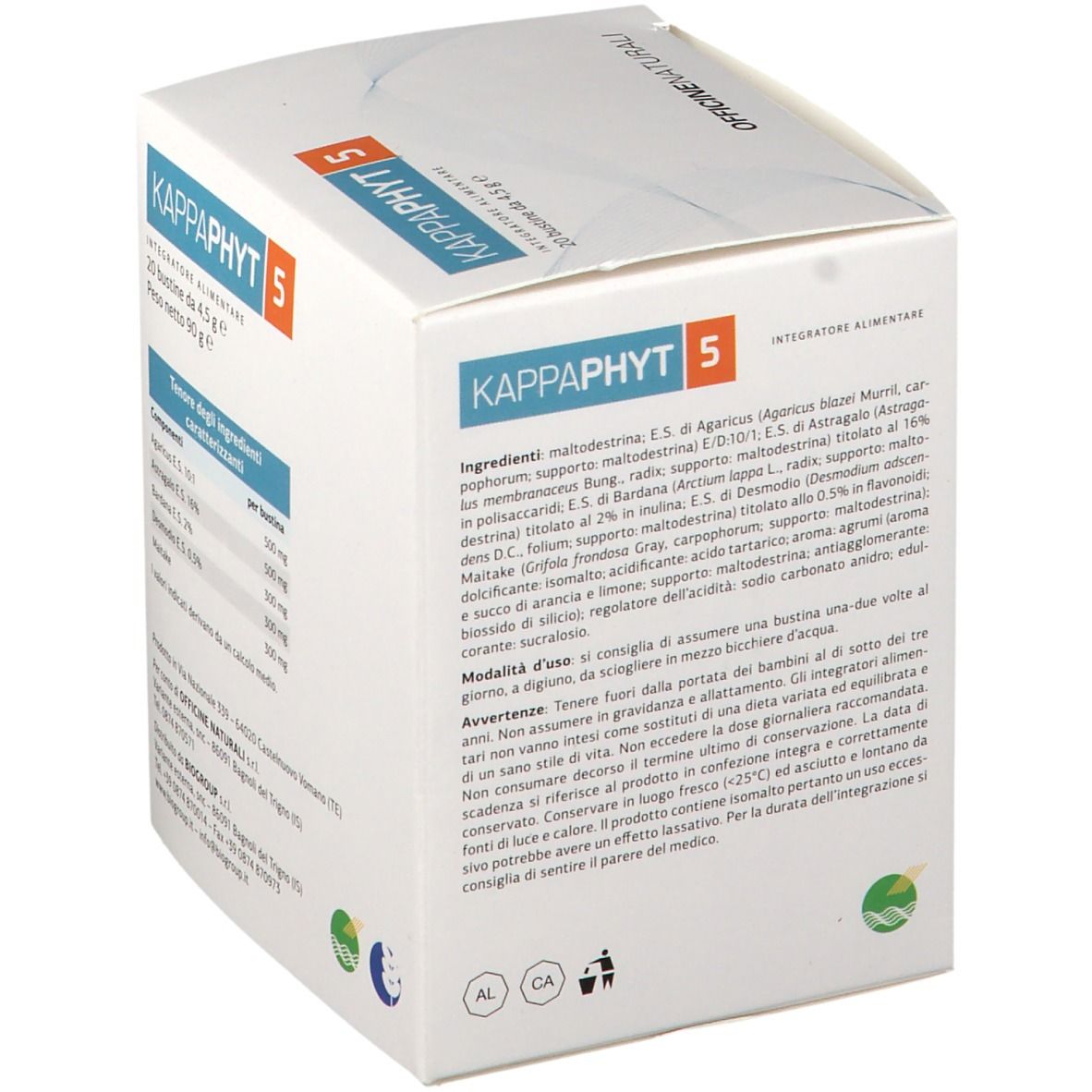 Confezione del prodotto con testo. Scritto: KAPPAPHYT 5, 20 bustine da 4,5 g. Marchio e logo su sfondo bianco.
