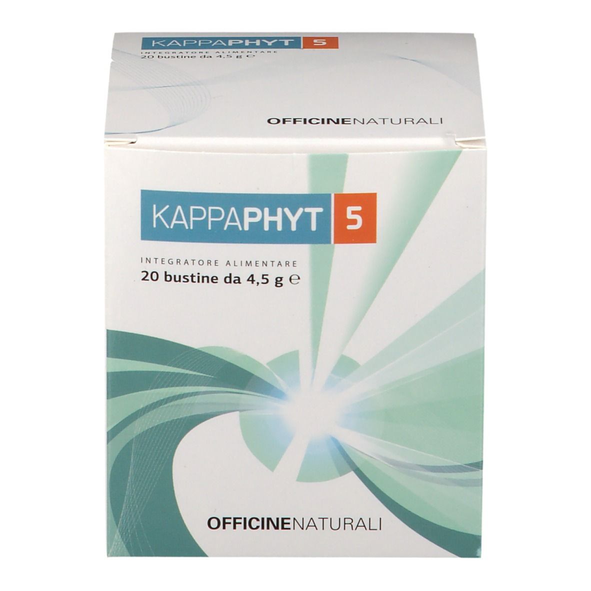 Confezione del prodotto con testo. Scritto: KAPPAPHYT 5, 20 bustine da 4,5 g. Marchio e logo su sfondo bianco.