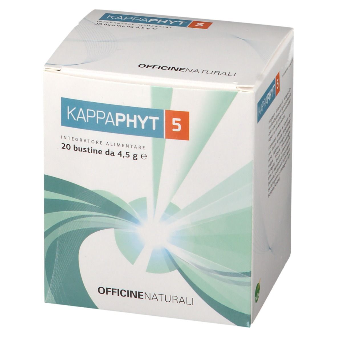 Confezione del prodotto con testo. Scritto: KAPPAPHYT 5, 20 bustine da 4,5 g. Marchio e logo su sfondo bianco.