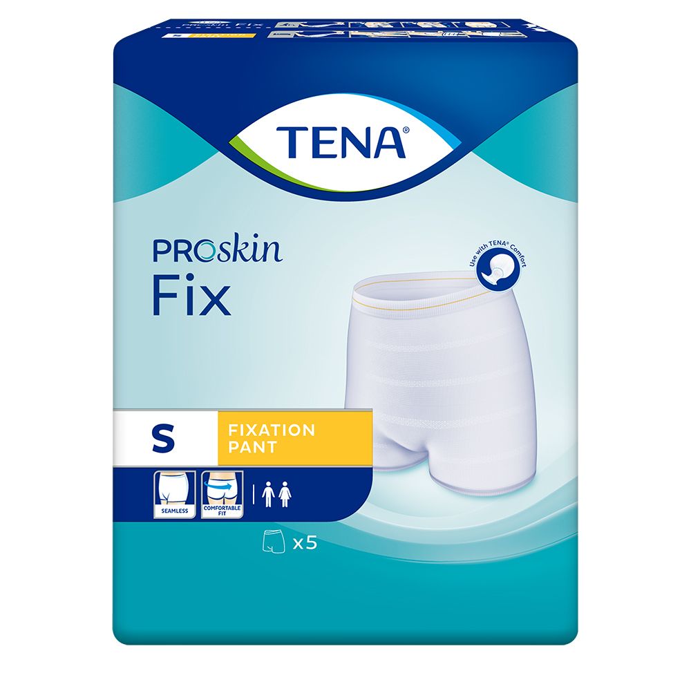 Confezione TENA ProSkin Fix, mutandina di fissaggio taglia S, 5 pezzi. Design bianco-blu con immagine del prodotto e logo.