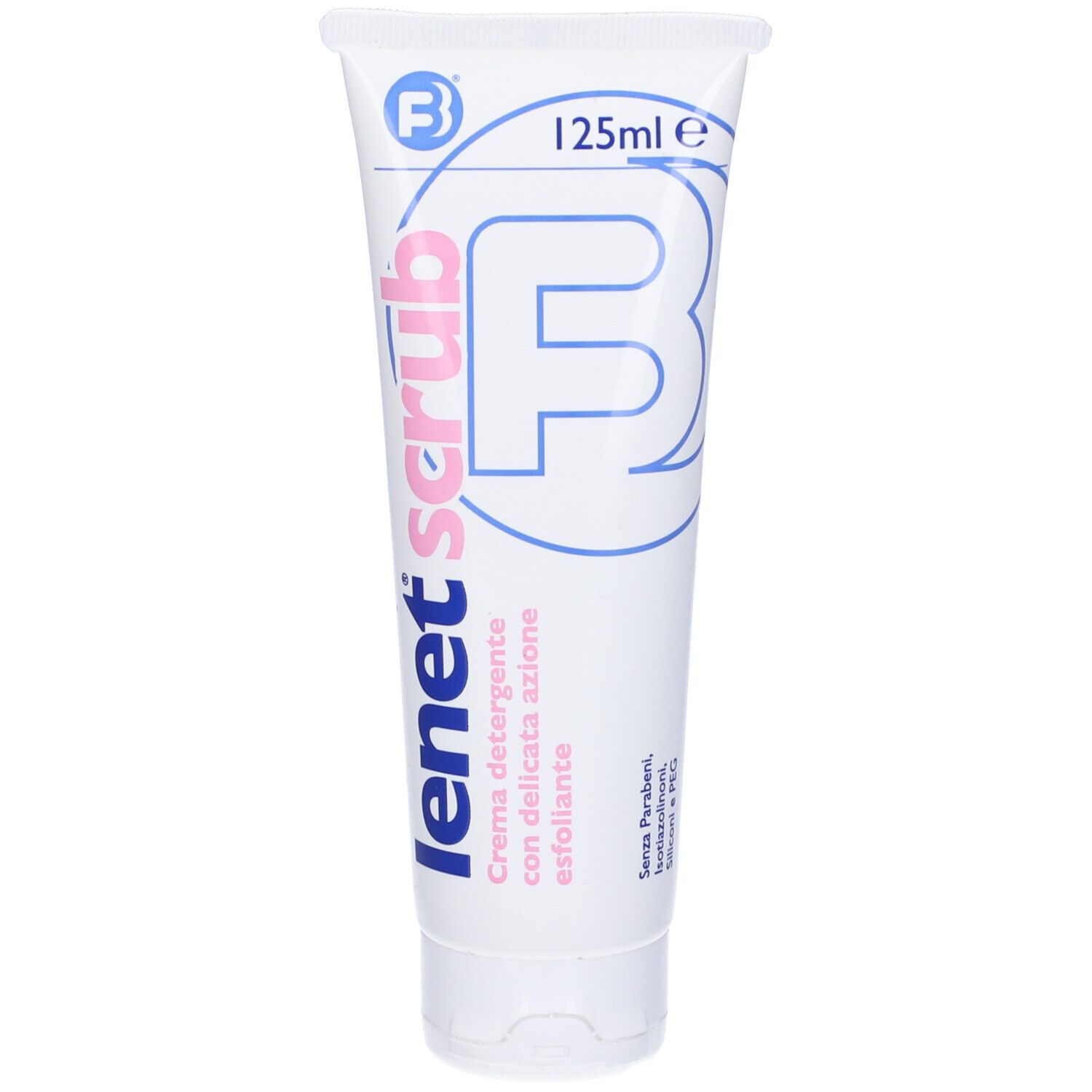 Weiße Tube mit rosa und blauer Aufschrift. "Lenet's scrub" und "125ml" sind sichtbar. Produktname und Logo.