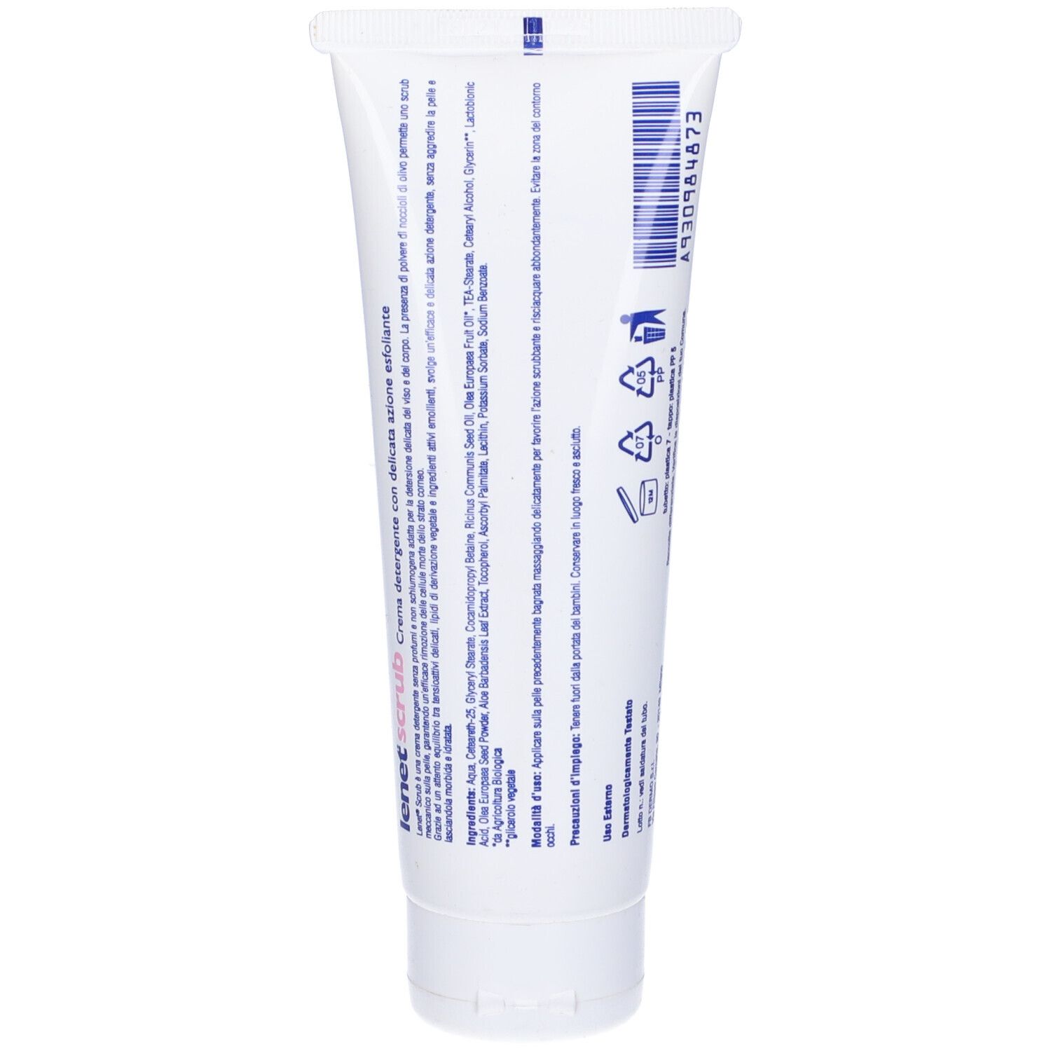 Rückseite der weißen Tube. Text und Barcode sichtbar. Produktname "Lenet's scrub" am unteren Rand.