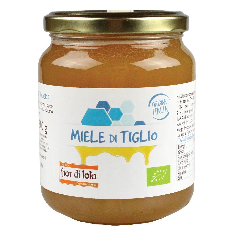 Vasetto di miele. Etichetta con testo: Miele di Tiglio, fior di lolo, 500g, Origine Italia, marchio bio.