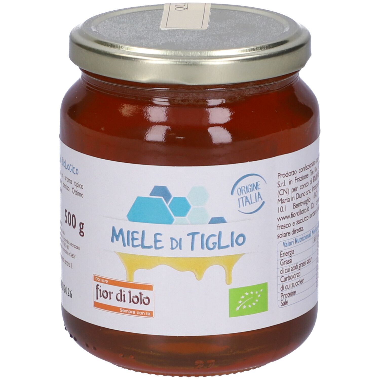 Vasetto di miele. Etichetta con testo: Miele di Tiglio, fior di lolo, 500g, Origine Italia, marchio bio.
