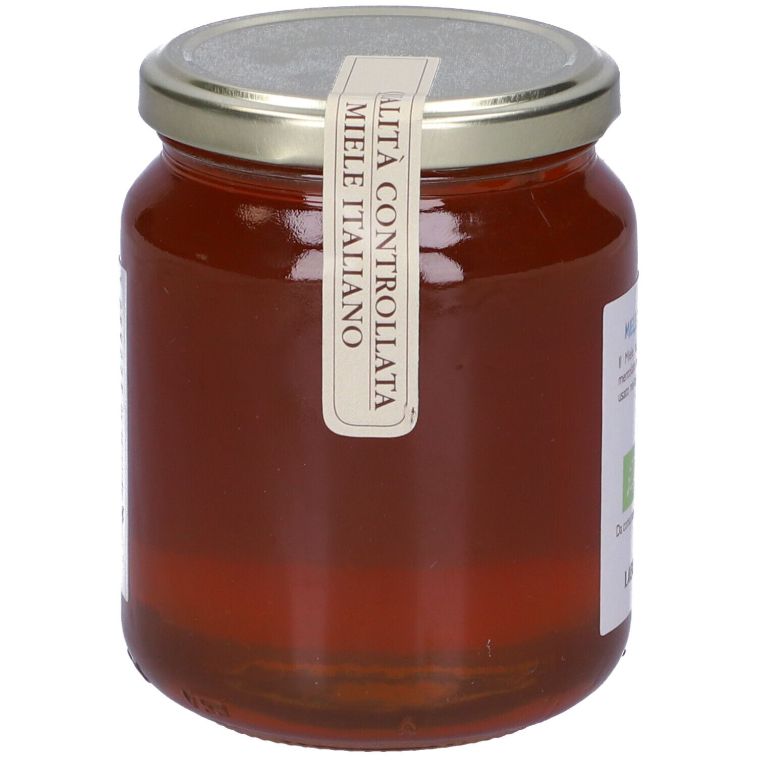 Vasetto di miele. Etichetta con testo: Miele di Tiglio, fior di lolo, 500g, Origine Italia, marchio bio.