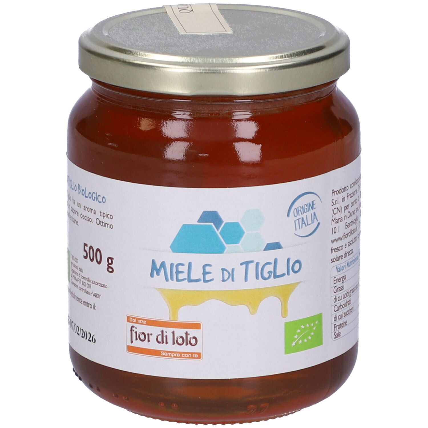 Vasetto di miele. Etichetta con testo: Miele di Tiglio, fior di lolo, 500g, Origine Italia, marchio bio.