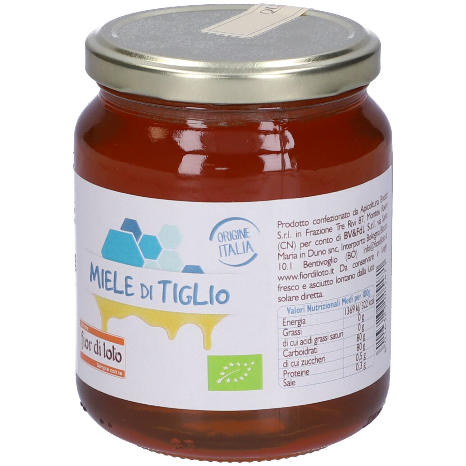 Vasetto di miele. Etichetta con testo: Miele di Tiglio, fior di lolo, 500g, Origine Italia, marchio bio.