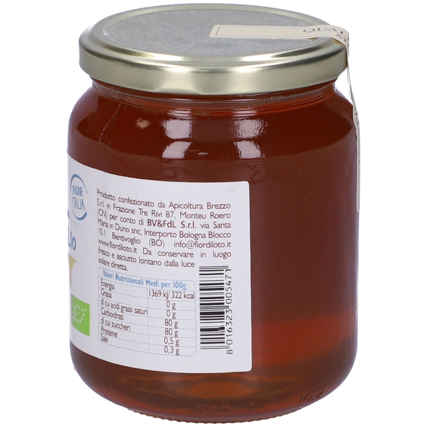 Vasetto di miele. Etichetta con testo: Miele di Tiglio, fior di lolo, 500g, Origine Italia, marchio bio.