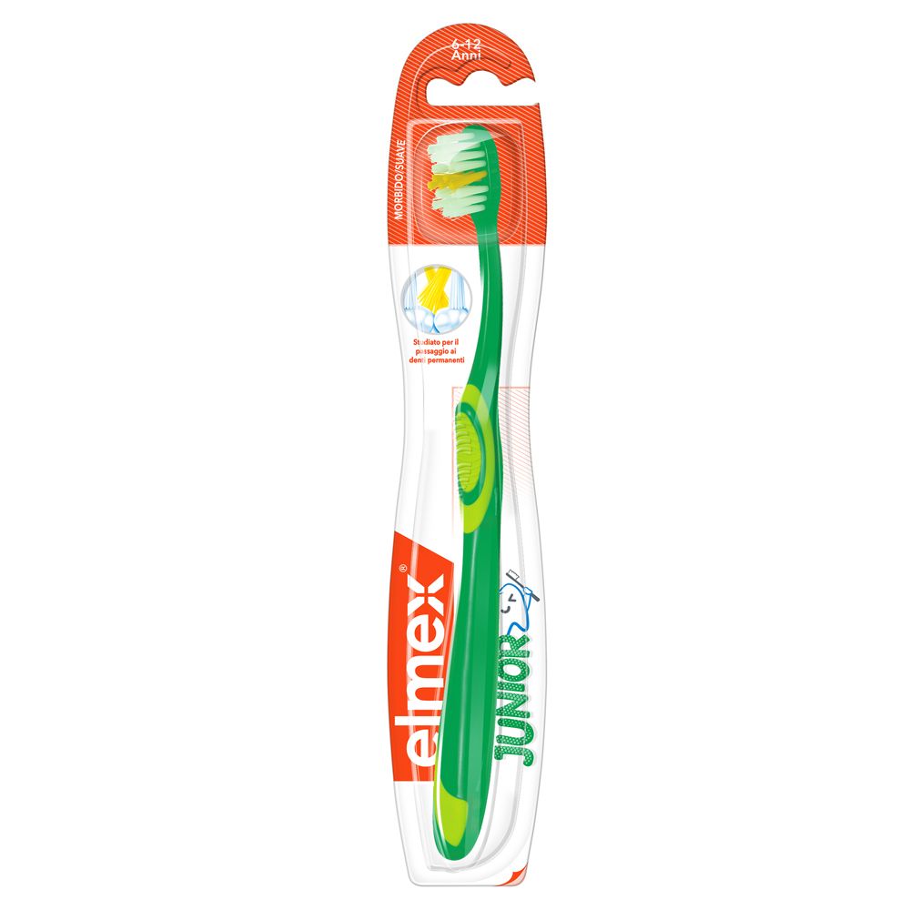 Grüner elmex® Junior Zahnbürste in Verpackung. Borsten gelb und weiß. Griff mit gelben Akzenten. Altersempfehlung 6-12 Jahre.