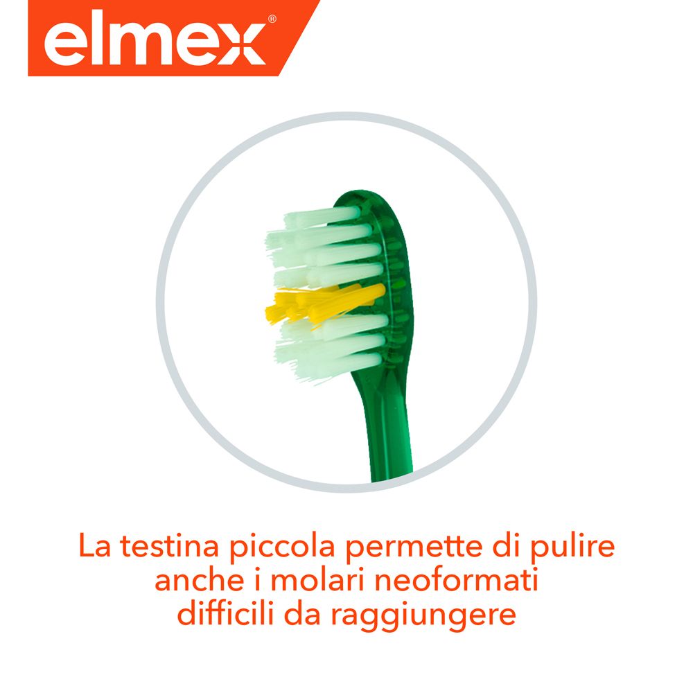 Nahaufnahme des Bürstenkopfes. Gelbe und weiße Borsten. Text: 'La testina piccola permette di pulire anche i molari neoformati difficili da raggiungere'.