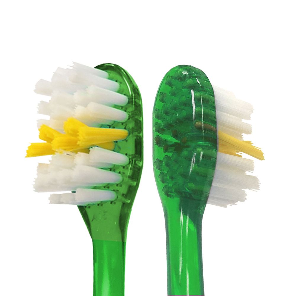 Zwei Zahnbürstenköpfe nebeneinander. Gelbe und weiße Borsten. Grüne und transparente Griffe.