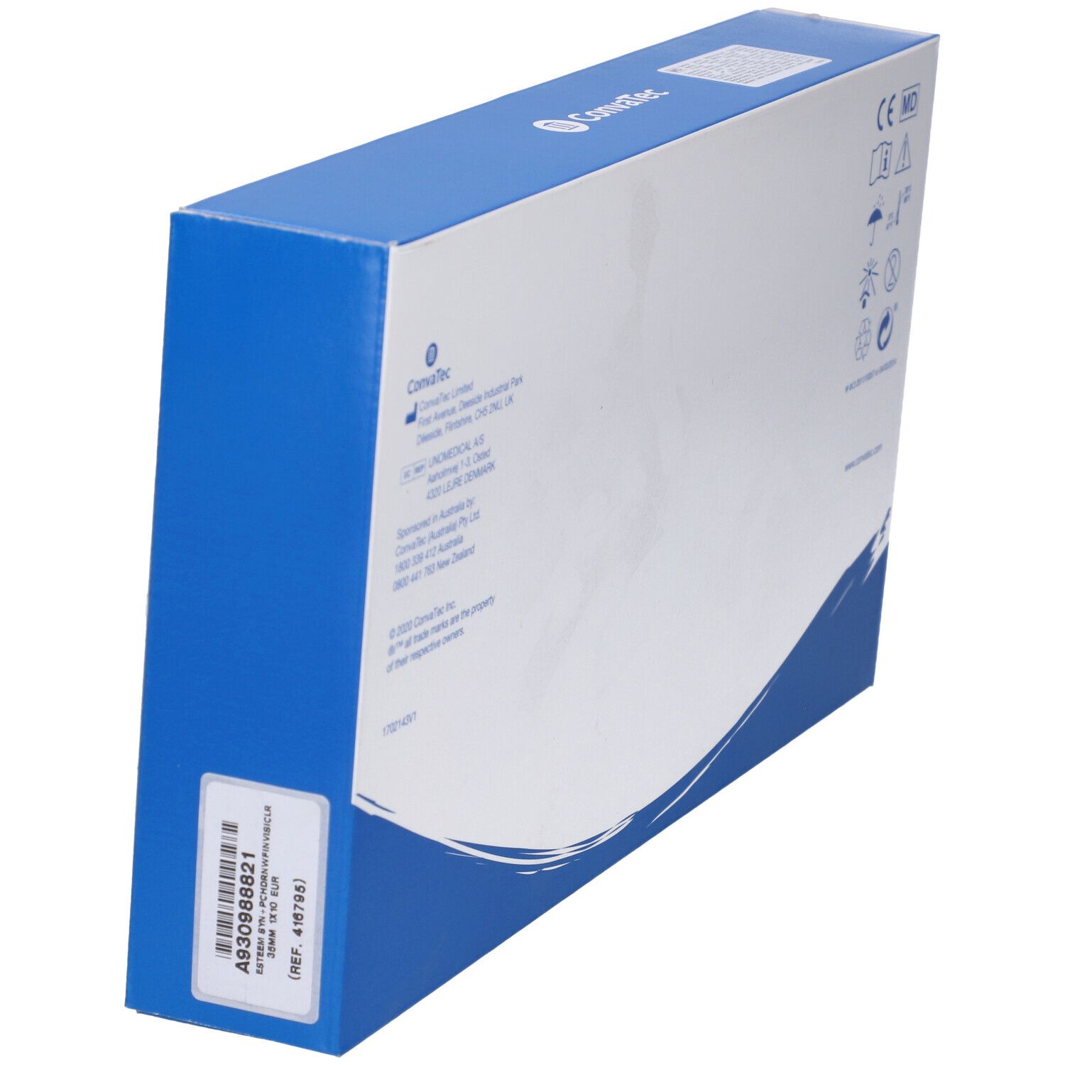 Blau-weiße Produktverpackung. Auf der Verpackung sind Logos und Symbole abgebildet. Barcode-Etikett.
