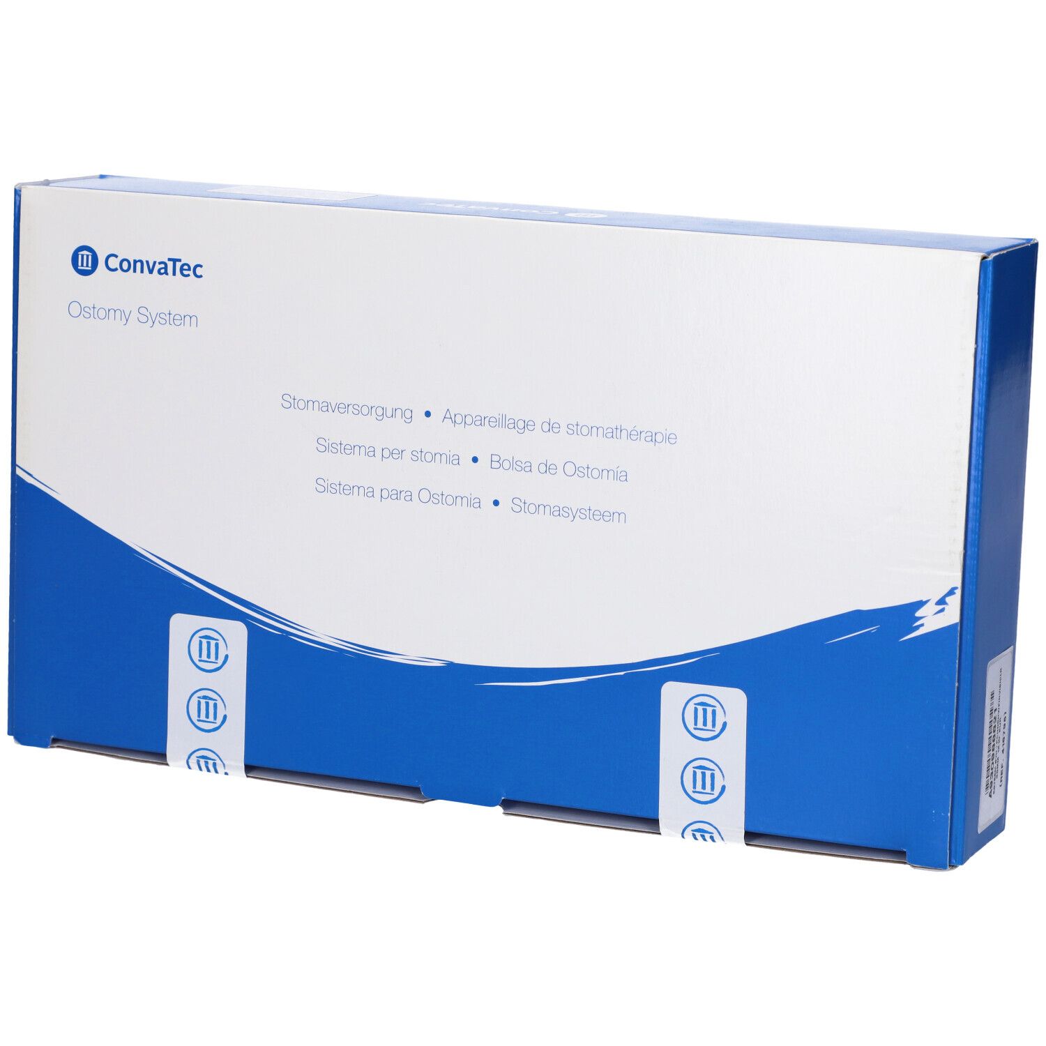 Blau-weiße Produktverpackung. Auf der Verpackung sind Logos und Symbole abgebildet. Produktname: Ostomy System.