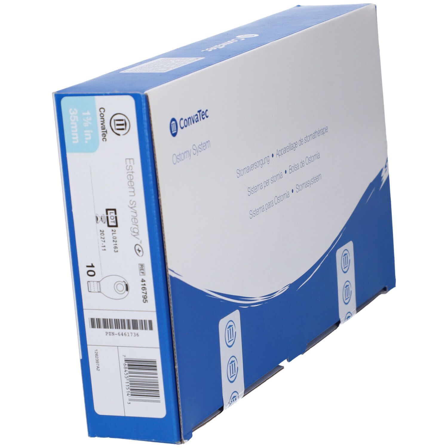 Blau-weiße Produktverpackung. Produktname: Esteem synergy. Aufdruck: 135mm x 35mm. Inhalt: 10 Stück.