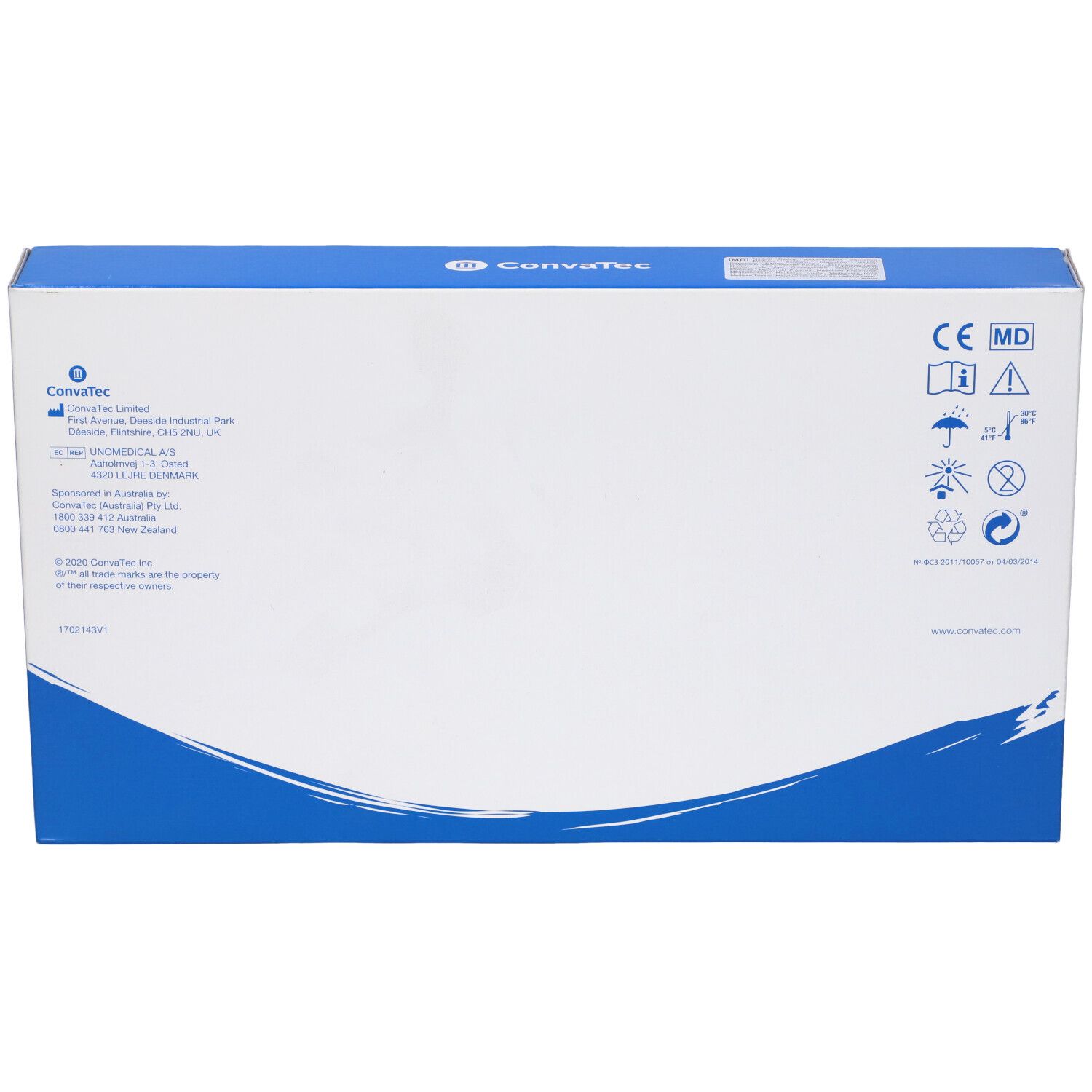 Blau-weiße Produktverpackung. Auf der Verpackung sind Logos und Symbole abgebildet. CE-Kennzeichnung.