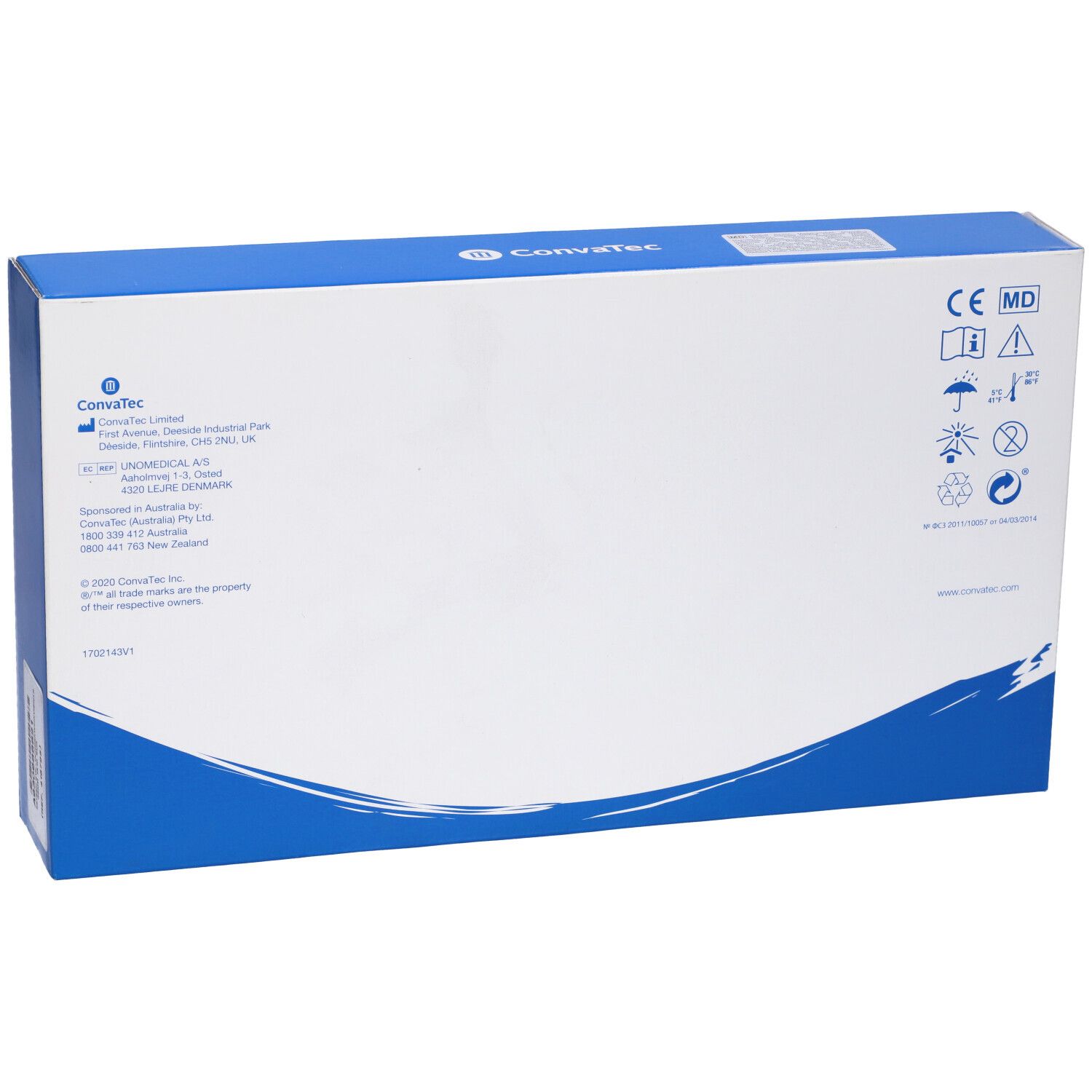 Blau-weiße Produktverpackung. Auf der Verpackung sind Logos und Symbole abgebildet. CE-Kennzeichnung.