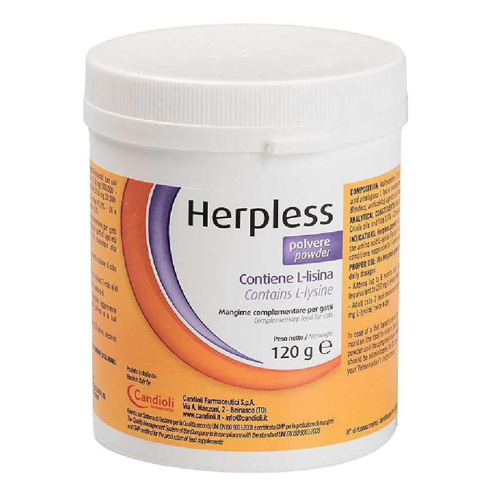 Contenitore di plastica bianco con coperchio. Scritta: Herpless, polvere, contiene L-lisina. 120g. Sfondo arancione.