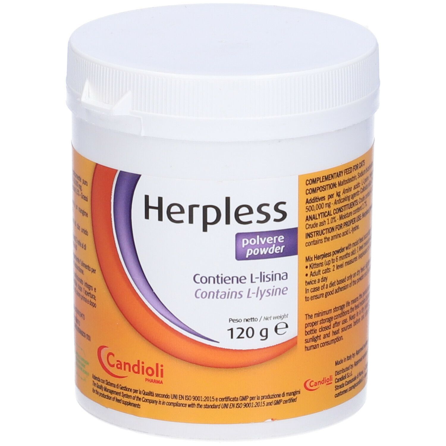 Contenitore di plastica bianco con coperchio. Scritta: Herpless, polvere, contiene L-lisina. 120g. Sfondo arancione.