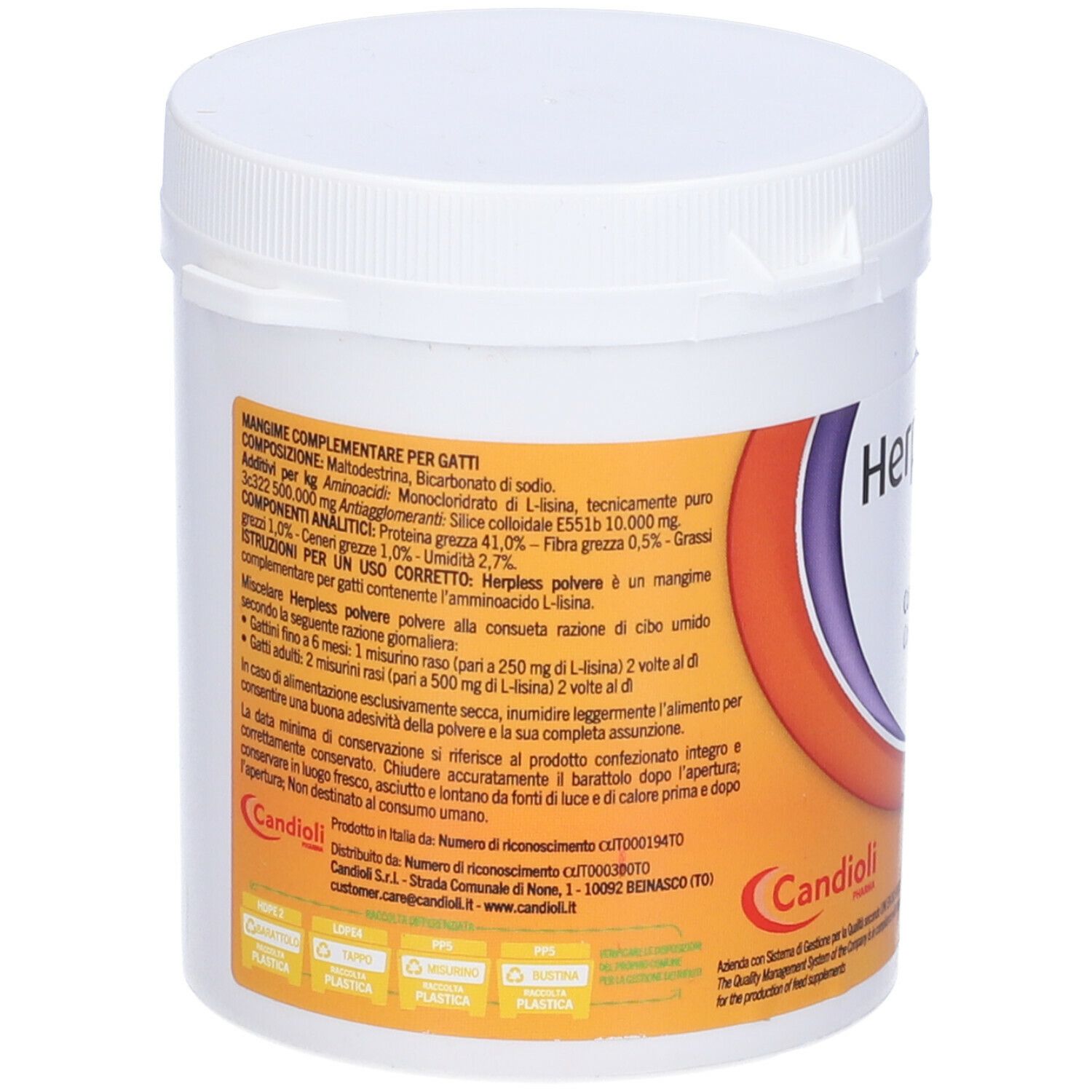 Contenitore di plastica bianco con coperchio. Scritta: Herpless, polvere, contiene L-lisina. 120g. Sfondo arancione.