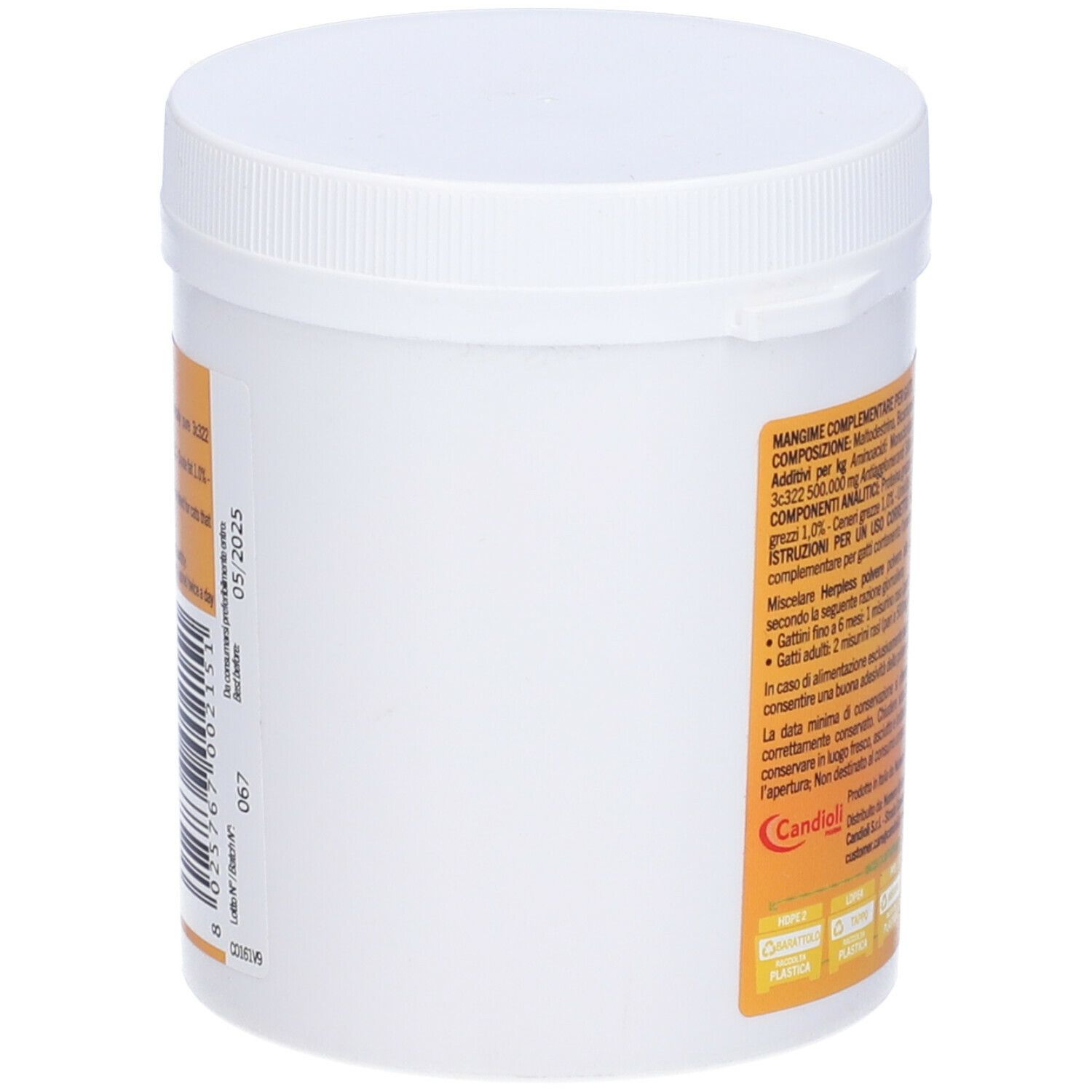 Contenitore di plastica bianco con coperchio. Scritta: Herpless, polvere, contiene L-lisina. 120g. Sfondo arancione.