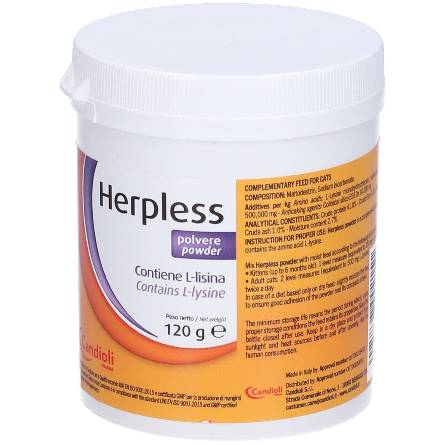 Contenitore di plastica bianco con coperchio. Scritta: Herpless, polvere, contiene L-lisina. 120g. Sfondo arancione.