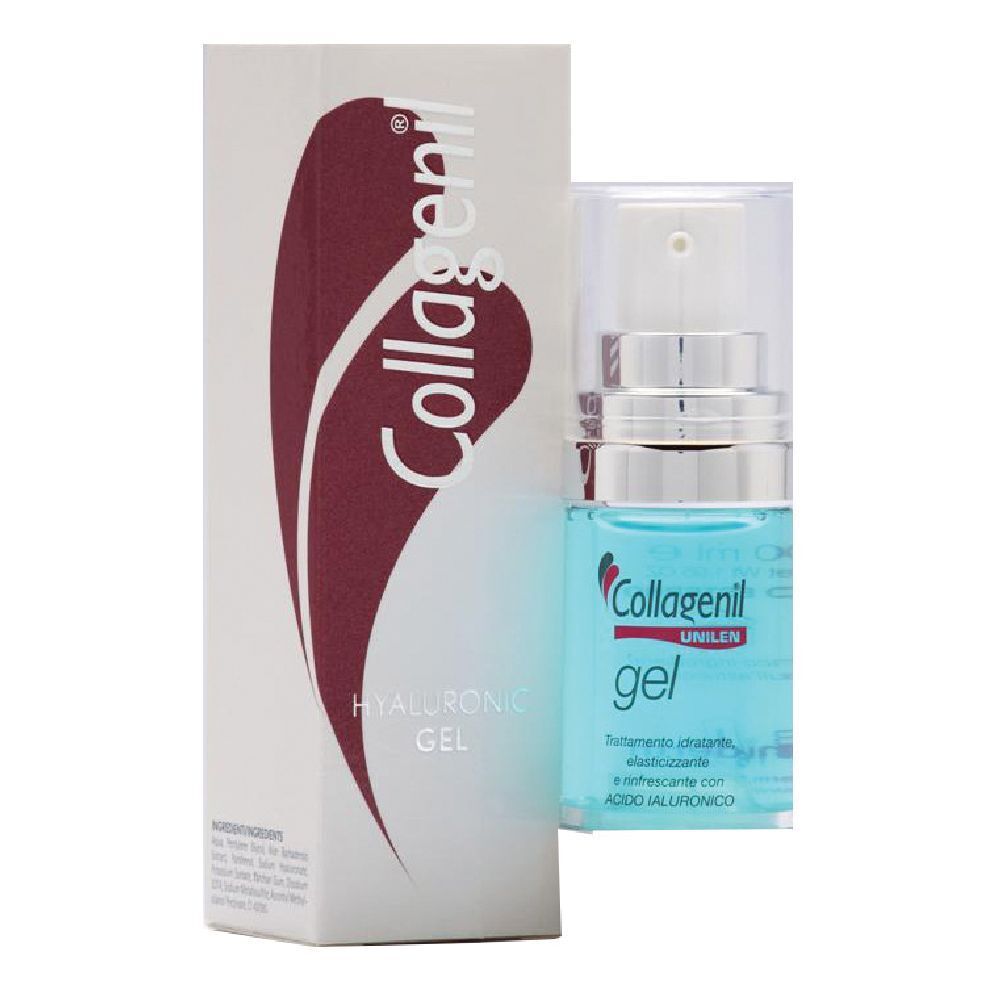 Collagenil Hyaluronic Gel. Flasche mit Spender und Karton. Aufschrift Collagenil und Hyaluronic Gel. Blaue Flüssigkeit sichtbar.